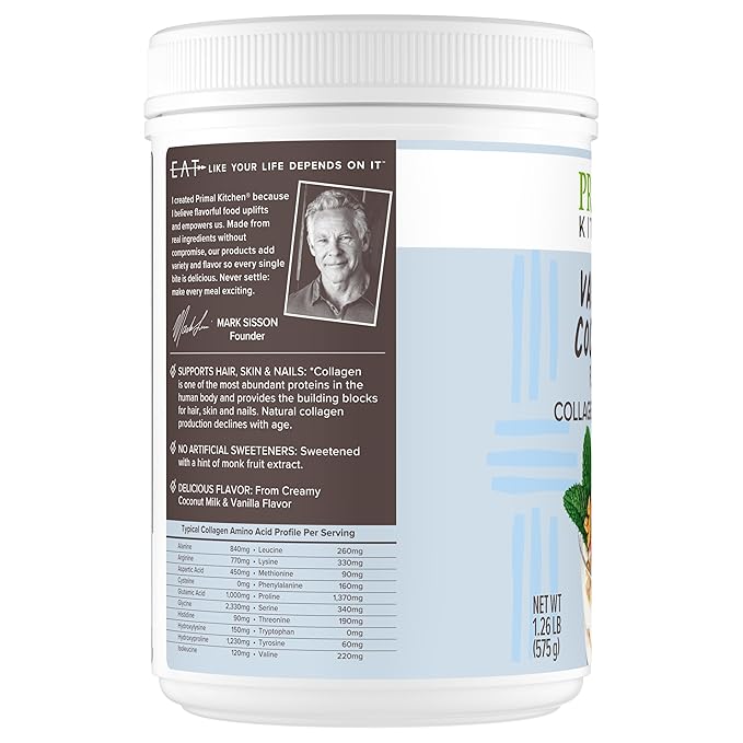 Primal Kitchen Vanilla Collagen Fuel® Drink Mix, Vanilla Coconut Collagen Peptides, No Dairy or Artificial Sweeteners, 20 Ounces