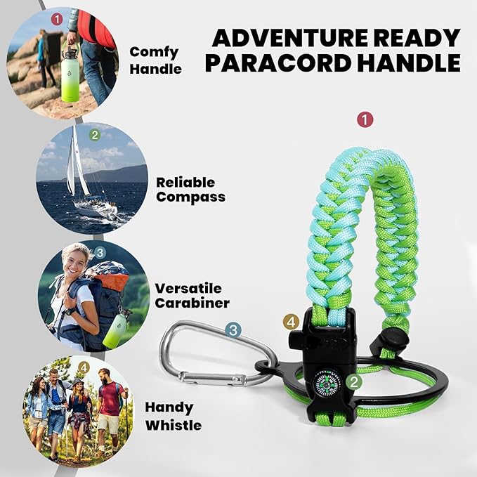 Insulated Water Bottle 87 oz, Triple Wall Vacuum Stainless Steel (Cold for 48 Hrs), Leak Proof & Non-BPA, Modern Water Flask Jug with Paracord Handle & Straw Spout Lids, Ombre Green