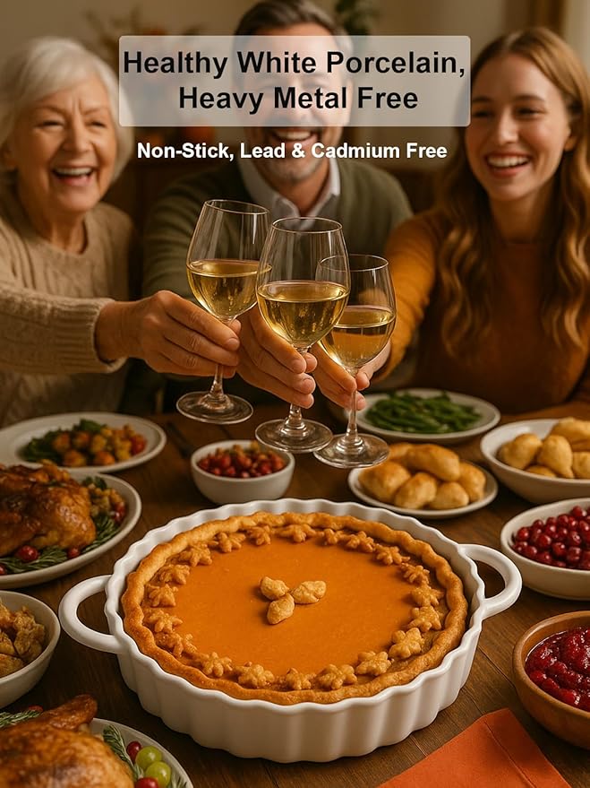 10×2in Deep Ceramic Pie Pan with Handles for Pie Quiche Tart Baking. Easy to grip, Lead-Free. Casserole Lasagna Dish for Thanksgiving Christmas Wedding Gift. Microwave, Dishwasher, Oven Safe