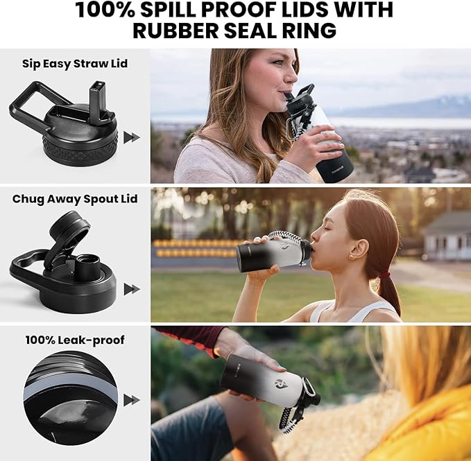 Insulated Water Bottle 32 oz, Triple Wall Vacuum Stainless Steel (Cold for 48 Hrs), Leak Proof & Non-BPA, Modern Water Flask Jug with Paracord Handle & Straw Spout Lids, Ombre: White/Black