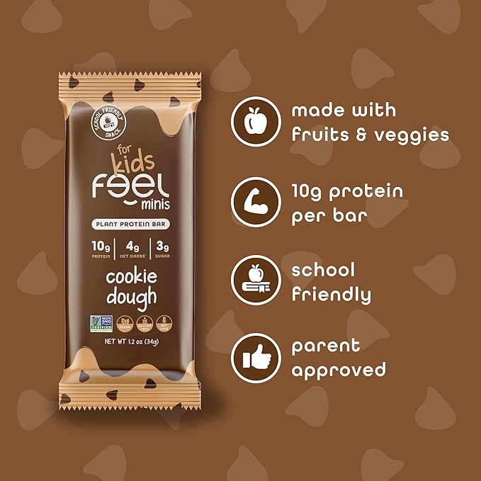Feel Bar Minis – Kids Protein Bars | Cookie Dough – 12 Pack | 10g Plant Protein | 100 Calories | No Added Sugar | + Daily Veggies | Gluten Free, No Nuts, No Soy, No Dairy, No Grains