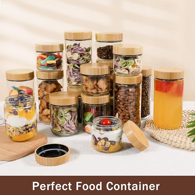 OcePor 6 Pack 16oz Glass Jars with Bamboo Lids, Over Night Oats Container with Airtight Lid, Glass Snack Storage Salad Jars For Food, Yogurt, Sugar and Flour,Coffee Bean, Cookie, Cereal