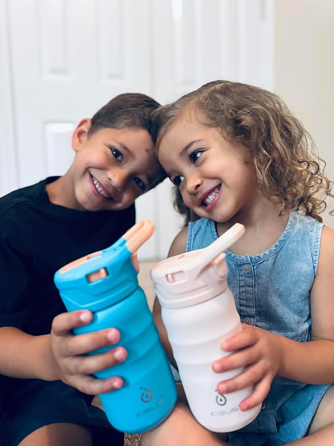 IDEUS Insulated Water Bottle 12oz, Stainless Steel Insulated Water Bottle For School, Insulated Bottles With Straws Leakproof, Vacuum Double Wall Water Bottles For Boys And Girls With 2 Lids, BPA Free