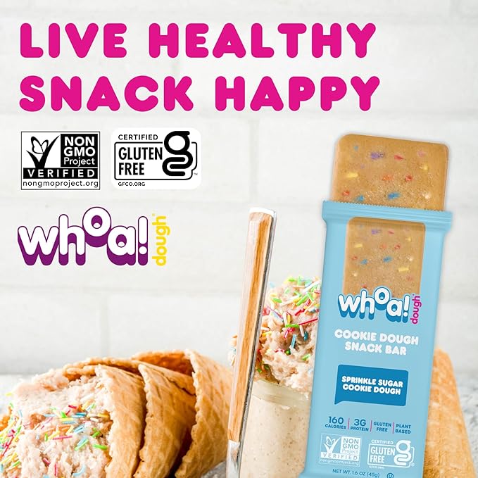Whoa Dough Edible Cookie Dough Bars- Certified Non-GMO, Kosher and Gluten Free Bars - Healthy Snack Foods - Plant Based Snacks Made With Real Ingredients - Sprinkle Sugar Cookie Dough - 10 Pack
