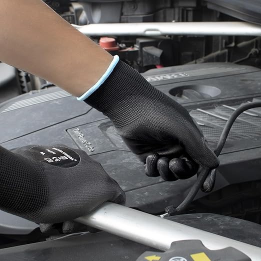 Kebada Safety Work Gloves, 12 Pairs Work Gloves with Grip, PU Coated Grip Gloves for Warehouse, Construction, Gardening and Mechanics, Black, Medium