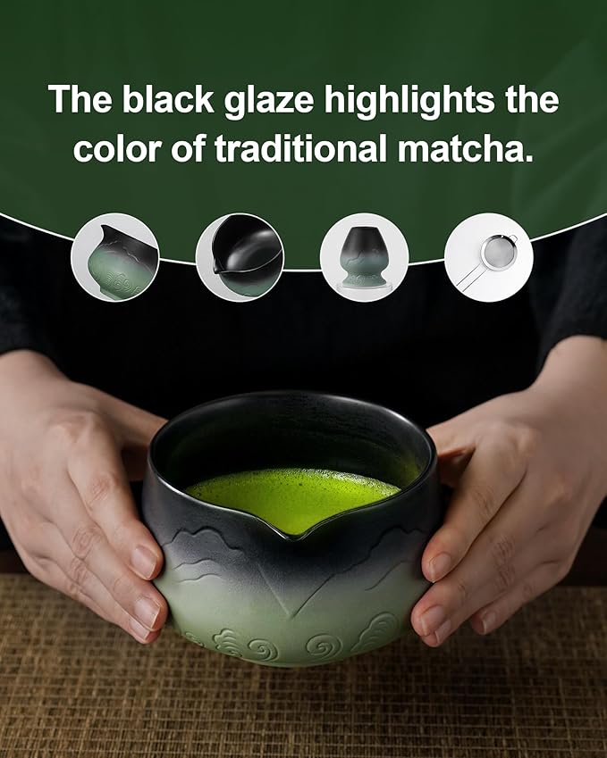 ZENS Matcha Whisk Set, Matcha Kit Set with Bowl and Bamboo Whisk, 304 Sifter, Scoop, (Chasen Holder) -Tea Mat, 6pcs Matcha Set for Latte-Making, Sage Green