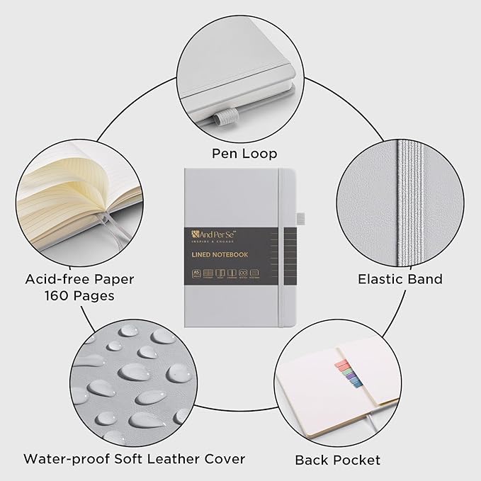 &And Per Se Lined Journal Notebook (5 Packs), 160 Pages, A5 5.7 x 8 inches College Ruled Thick Paper Notebook Journals for Writing, Hardcover Notebooks for Women Men Office School (Grey)