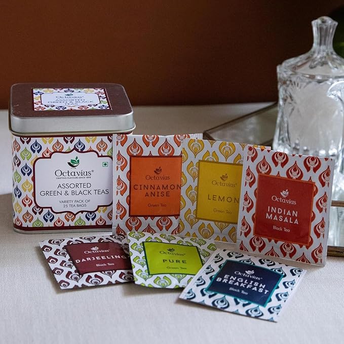 Octavius Tea Variety Pack | 6 Assorted Black & Green Teas | 25 Teabags | Tea Sampler Pack | Pack of 2