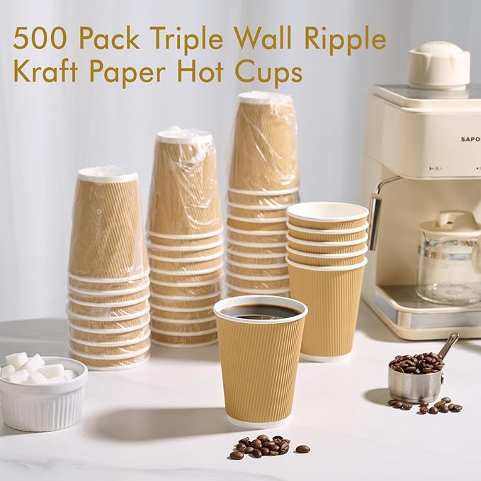 500 Pack 12 oz Paper Coffee Cups, Ripple Insulated Paper Cups, Hot Water Cups for Home, Office, Hotel, Meetings, Parties