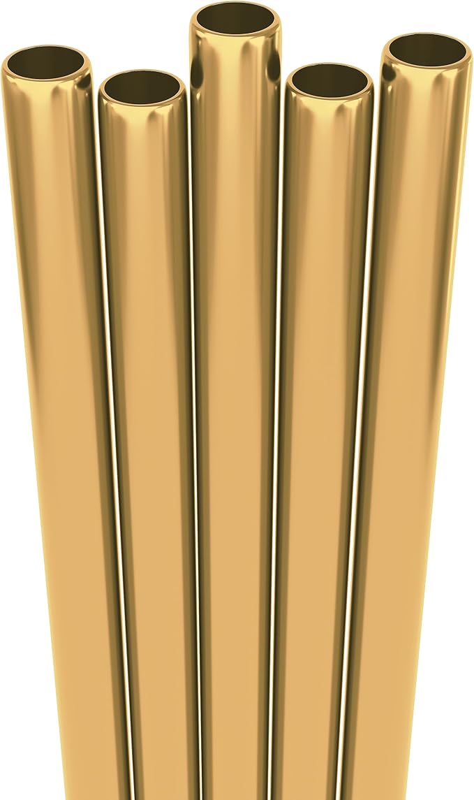 5 Short Wide Stainless Steel Straws with Cleaning Brush. 6.3" Long Metal Cocktail Straws Reusable, 12-14 oz Tumblers, Kids Smoothies, Shakes - Dishwasher Safe Hard Drinking Straws. GOLD