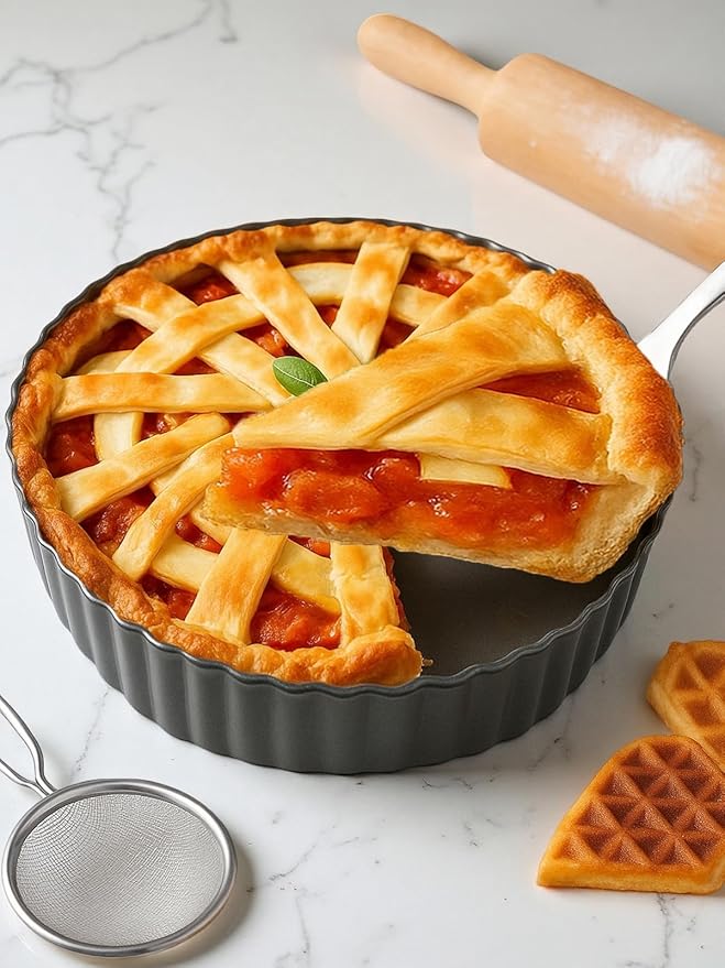 9.5*2.2 Inch Deep Tart Pan w/ Pie Cake Server. Removable Bottom, Non-Stick Coating, Rugged Carbon Steel for Tart Quiche Baking. Gift for Women Wife Christmas Thanksgiving Party Festival Family