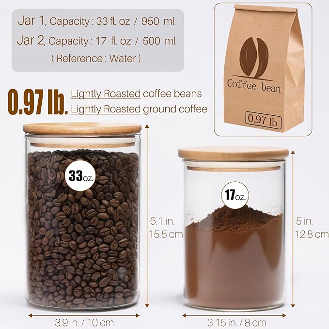 33 oz Glass Food Storage Jars with Airtight Lids, Clear Glass Jar with Bamboo Lid, Airtight Food Canister for Tea, Candy, Coffee, Sugar, Cookie, Snack. (Round | 5+6 Inch)