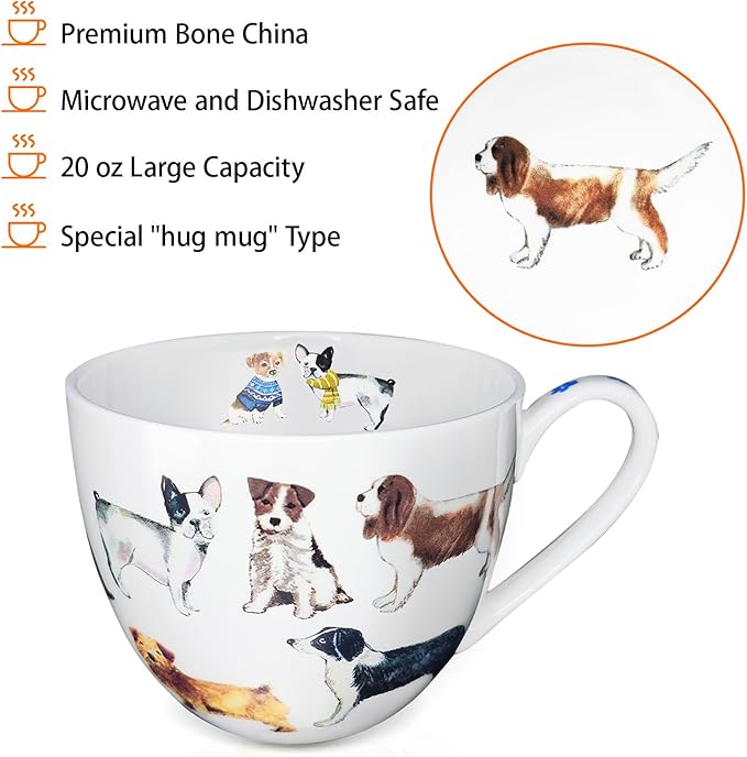 Cute Dog Mugs for Daily Coffee and Tea, Premium 20 oz Bone China Coffee Tea Hug Mug, Perfect Holiday and Birthday Gift for Dog Lovers, Designed in England by Harvest Green Studio