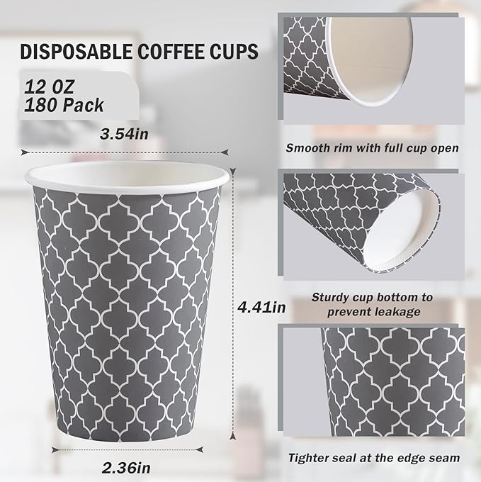 Lamosi Coffee Cups 12 oz 180 Pack, Disposable Paper Coffee Cups, Disposable Cups,12 oz Hot Cup,12oz Paper Insulated Cup for Cold Hot Drinks (No Lids)