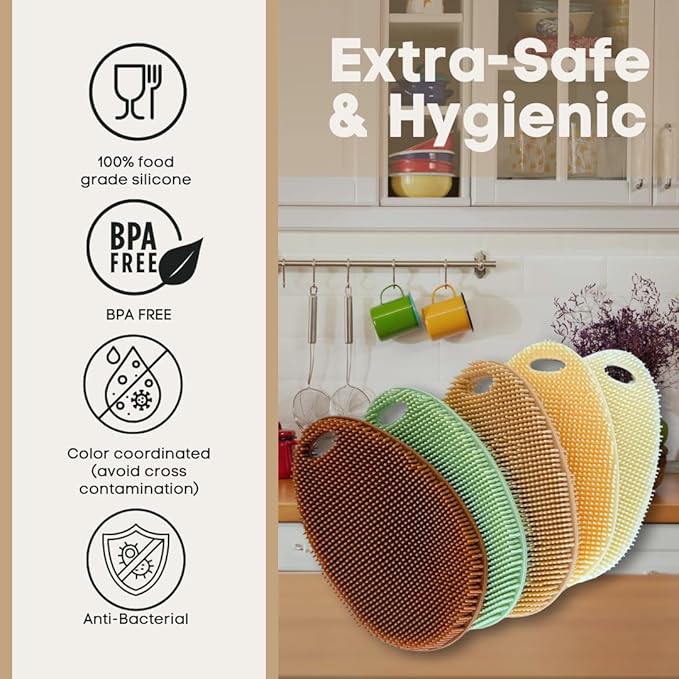 Silicone Sponge Dish Scrubber - Food Grade and Housecleaning - BPA Free Silicone Kitchen Scrubber [5 Pack Ovals Fall]