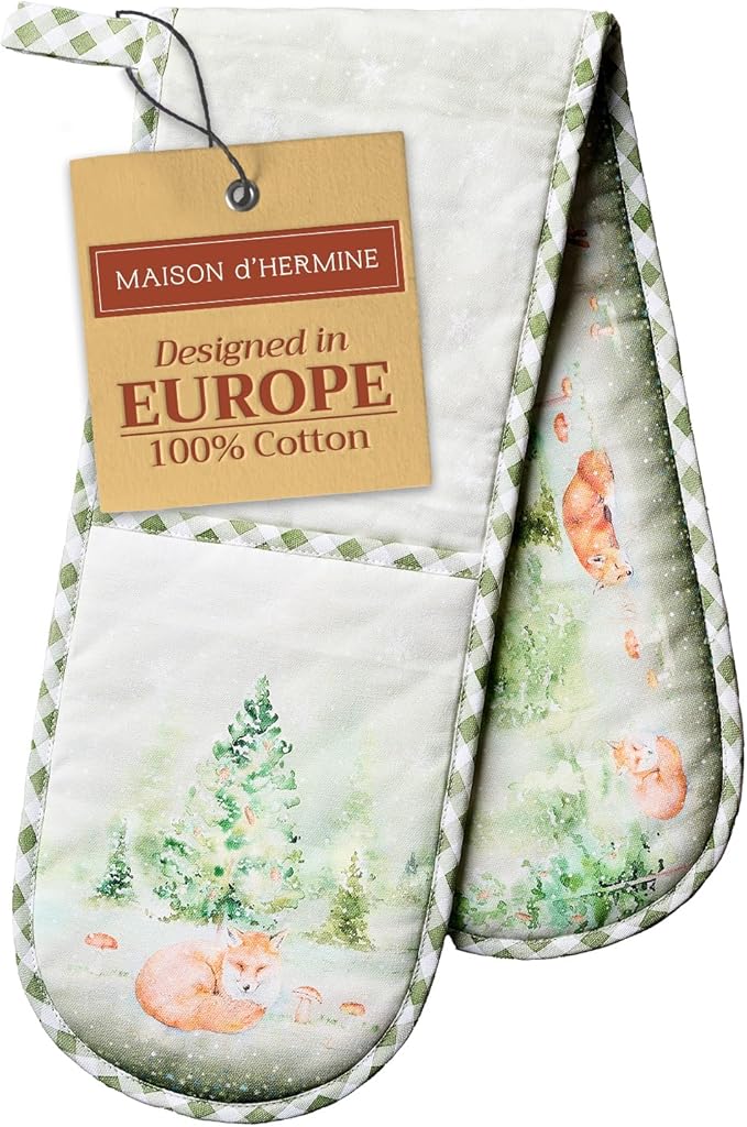 Maison d' Hermine Double Oven Mitts 100% Cotton 7"x35" Double Oven Mitt Heat Resistant BBQ Cooking Gloves with Loop, Baking, Grilling, Home, Kitchen, Handling Hot Pans (Winter Mornings)