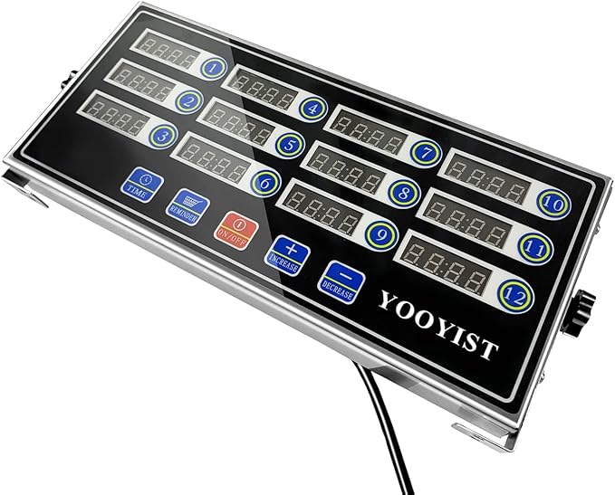 Commercial Kitchen Timers 12 Channel Stainless Steel LED Digital Timer Reminder Function, Loud Alarm, Black
