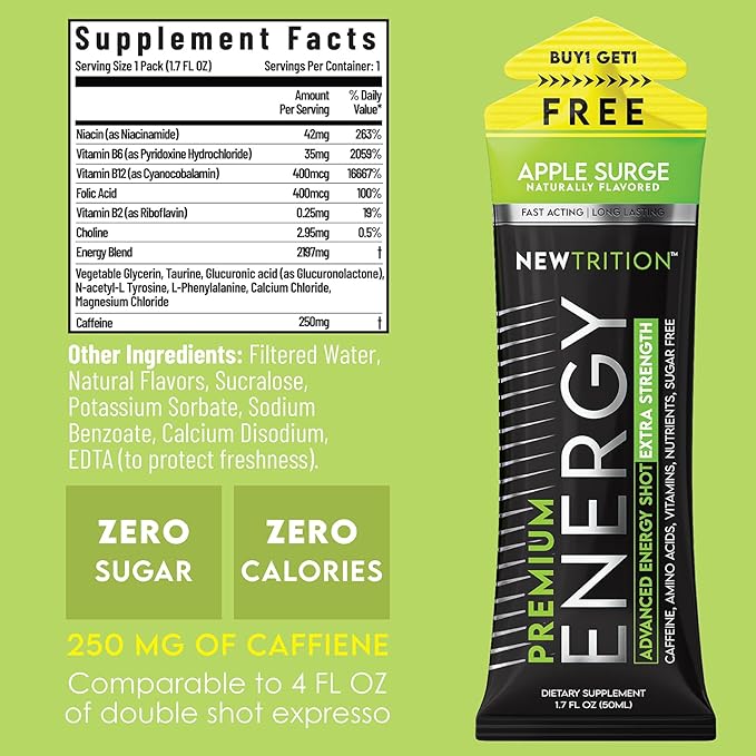 NewTrition® Extra Strength Energy Shots, 250mg Caffeine Energy Shots with Vitamin B & Amino Acids, Sugar-Free Vitamin Energy Shot, 1.7 fl oz (Pack of 6, Apple Surge)