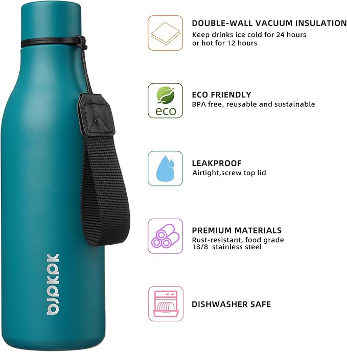 BJPKPK Insulated Water Bottles, 18 oz Stainless Steel Metal Water Bottle with Strap, BPA Free Leak Proof Thermos, Mugs, Flasks, Reusable Thermos for Sports & Travel, Lake Blue