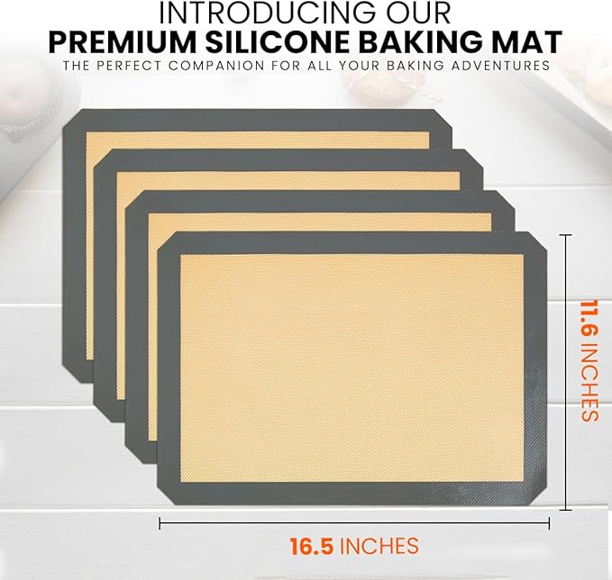 Silicone Baking Mats Half Sheet Non Stick for Oven Reusable 4 Pack - Thick Heavy Duty Silicone Baking Mat Cookie Sheet 1/2 Size for Macaron & Pastry - Half Size Rectangular Cooking Oven Liner Pad