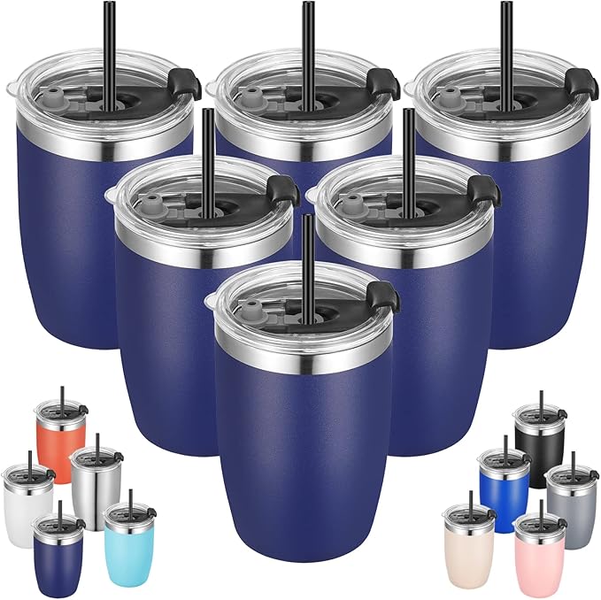 VEGOND Stainless Steel 12 oz Tumblers bulk Vacuum Insulated Double Wall Travel Tumbler with Lid and Straw Reusable Tumbler, Navy Blue 6 pack