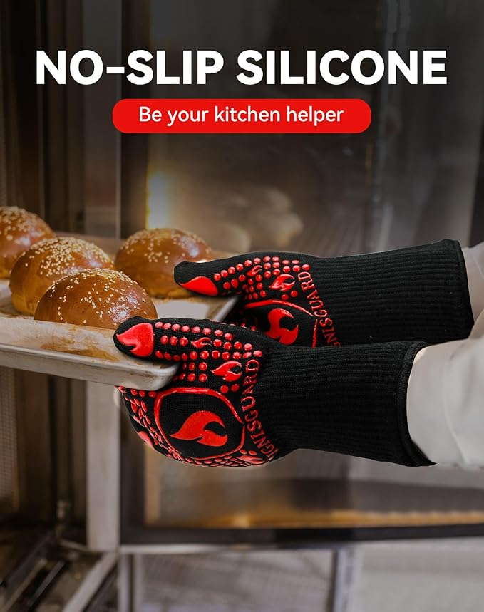 BBQ & Grill Gloves, Oven Gloves, 1472°F Silicone Oven Mitts Heat Resistant Grilling Gloves Fireproof Non-Slip for Barbecue Cooking Baking Smoking, 1-Pair Red（M）