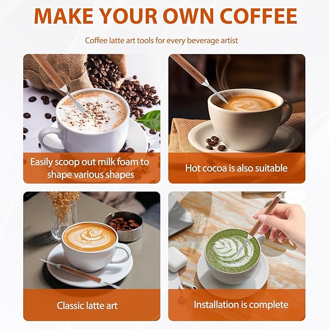 2 Pcs Latte Art Tools, Stainless Steel Coffee Pen with Wood Handle, Double-Ended Design for Precise Latte Cappuccino Macchiato Espresso Art, Suitable for Home and Cafe Barista Use