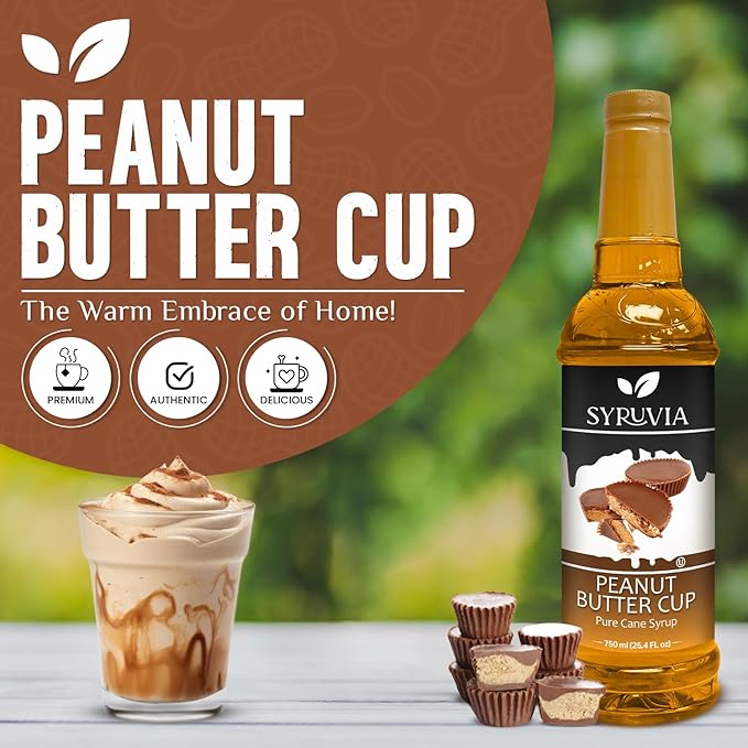 Syruvia Coffee Syrup, Peanut Butter Cup Flavored Syrup for Drinks, Lattes, and Desserts – 25.4 fl oz, With Pump