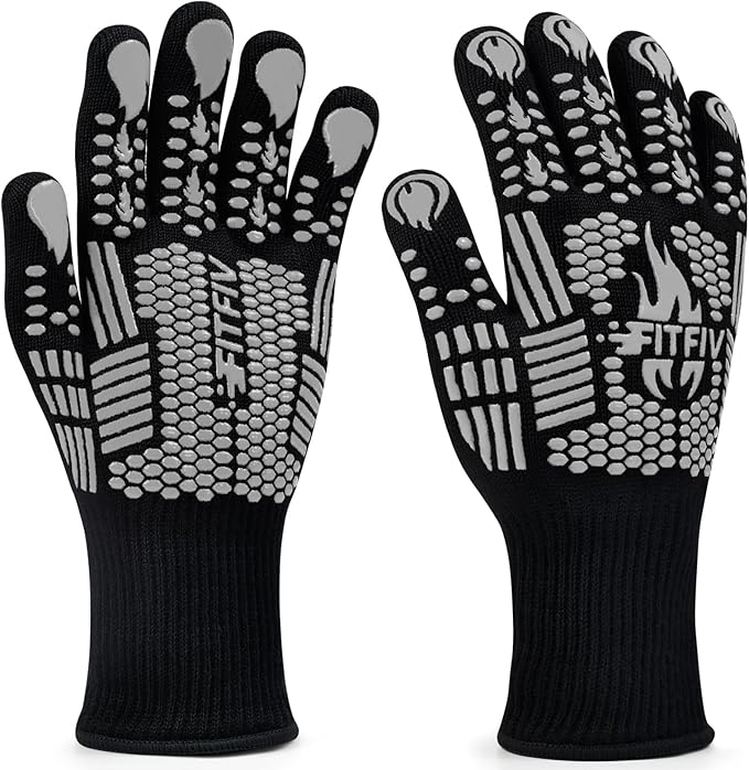 BBQ Gloves, Oven Gloves, Extreme Heat Resistant Barbecue Gloves, Silicone Non-Slip Oven Mitts, Kitchen Gloves for Cooking, Grilling, and Baking (Gray)