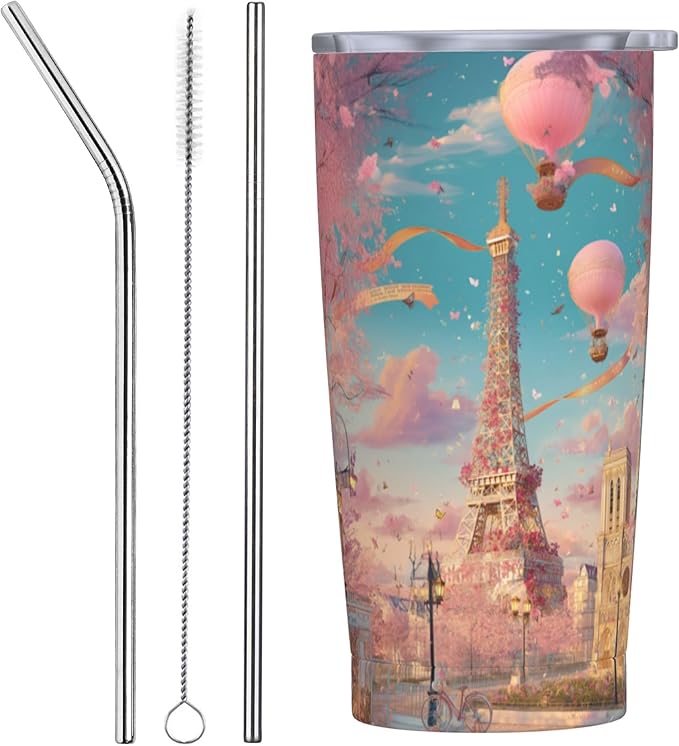 Paris Eiffel Tower Tumbler with Lid and Straw 20oz Coffee Tumblers Leakproof Stainless Steel Travel Mug Vacuum Insulated Cup for Iced and Hot