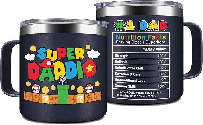 Gossby 14oz Super Daddio Travel Coffee Mug Tumbler - No. 1 Dad Nutrition Facts - Christmas, Fathers Day, Birthday Gift for Dad from Daughter Son Kid - Insulated Stainless Steel Cup with Handle