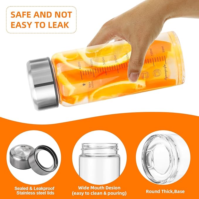 Glass Juice Bottles 16 oz - Wide Mouth Glass Water Bottles with Lids and Sleeve- for Juicing, Smoothies, Milk, Protein, Reusable, Stainless Steel Lids, Leak Proof, Shaker bottle (16oz/500ml)