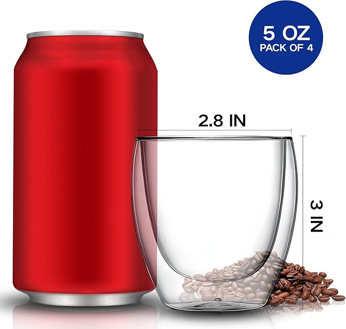 Set of 4 Double Walled Glass Coffee Mugs 5 Ounces Insulated Layer Coffee Cups Borosilicate Glass Espresso Cup for Hot Beverage,Cappuccino,Tea,Latte,Wine,Microwave Safe