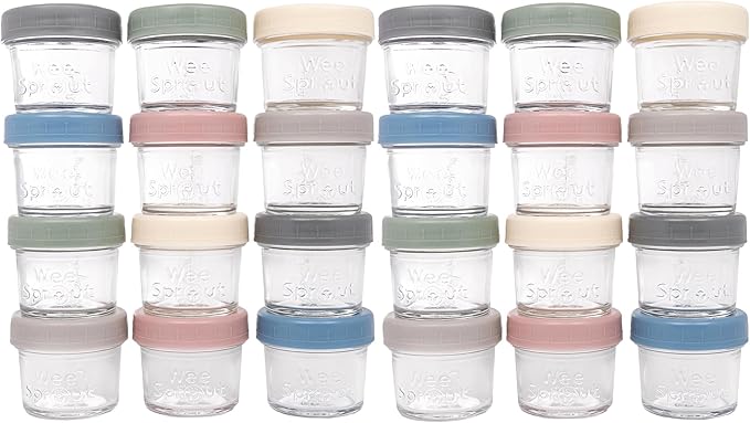 WeeSprout Baby Food Storage Glass Jars w/Lids (4 oz, 24 Pack) Matte Variety, Snack, Reusable Small Containers, Fridge or Freezer, Microwave & Dishwasher Safe, Essentials for Infants