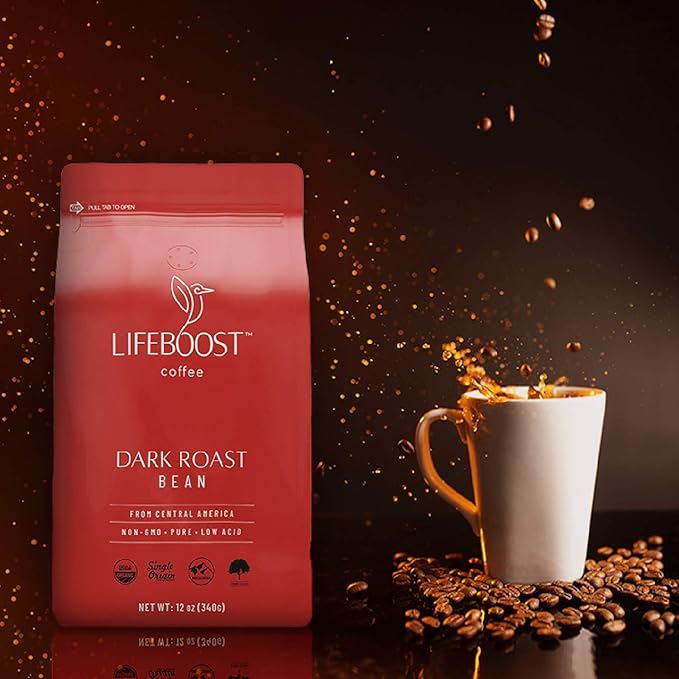 Lifeboost Dark Organic Coffee Beans - Single Origin Non-GMO Dark Roast Low Acid Coffee Beans - Third Party Tested For Mycotoxins & Pesticides - Whole Bean - 12 Ounces