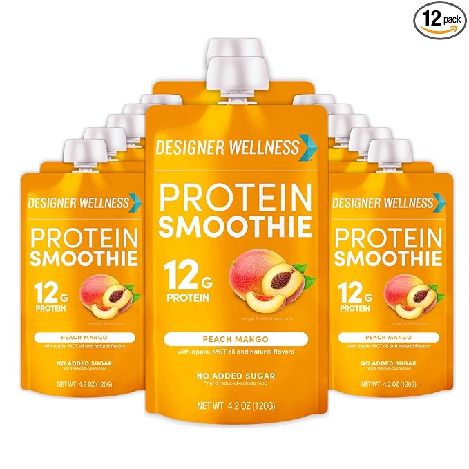 Designer Wellness Protein Smoothie, Real Fruit, 12g Protein, Low Carb, Zero Added Sugar, Gluten-Free, Non-GMO, No Artificial Colors or Flavors, Peach Mango, 12 Count