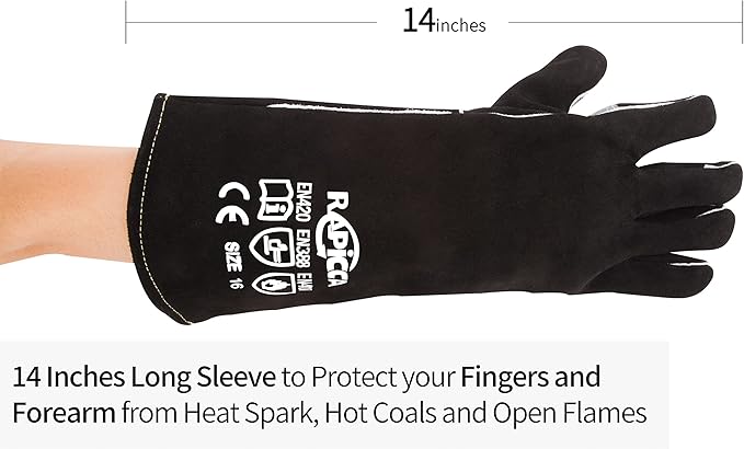RAPICCA Fireplace Gloves Fire Heat Resistant: Black 14IN - Fireproof Leather for Fireplace Fire Pit Wood Stove Campfire Furnace BBQ Grill Oven Stick Mig Welding Welder Gear - Birthday Gift for men