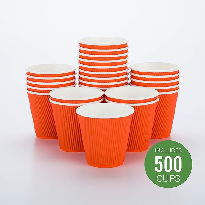 Restaurantware 8 Ounce Double Wall Disposable Coffee Cups, 500 Insulated Orange Paper Cups With Ripple Wall Design, Lids Sold Separately for Hot Beverages like Tea, Hot Chocolate, and More