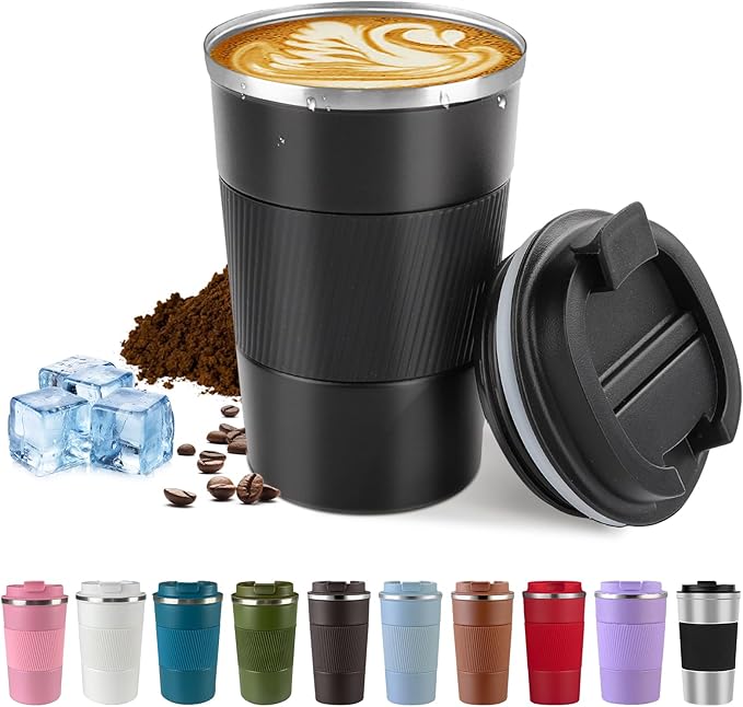 Vacuum-Insulated Stainless Steel Travel Coffee Mug, Leak-Proof Reusable Coffee Cup with Lid - Keep Hot & Cold Drinks for Hours, Durable Thermos Tumbler for Men & Women (3rd-Black, 12OZ)