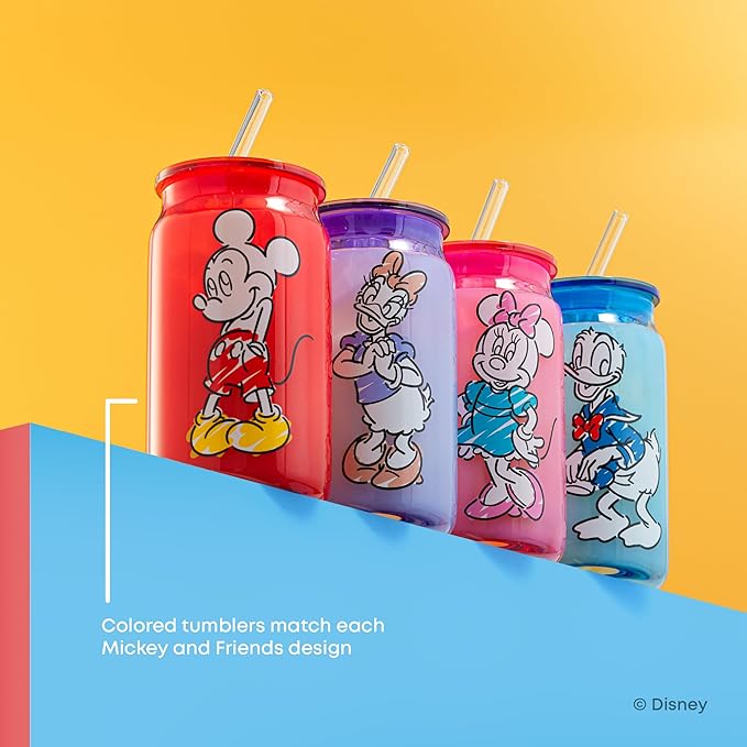 JoyJolt Disney Mickey Mouse and Friends Color Sketch Glass Tumblers with Lids and Straws, 16oz Glass Cups with Lids and Straws, Can Shaped Drinking Glasses Set of 4, Disney Gifts for Adults