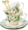 TATSUMI Country Roses Bone China Tea Cup and Saucer Set, 6 Pieces, Vintage Style, For Women and Tea Parties(Light Green, 2 sets)