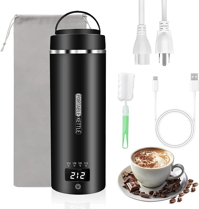 Travel Mini Kettle Portable Small Electric Kettle with Plug-in Boiling & Keeps Warm via USB, Portable Water Boiler with 4 Temperature Settings, 304 Stainless Steel with Auto Shut-off 16oz(Black)