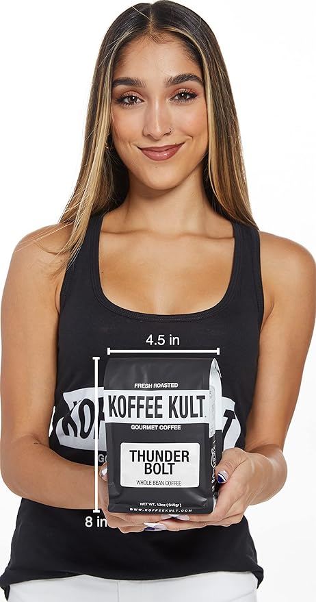 Koffee Kult Thunder Bolt - Whole Bean Coffee, Dark French Roast, 100% Arabica, Robust Blend, Bold Strong Artisan Flavor, 12oz Resealable Package