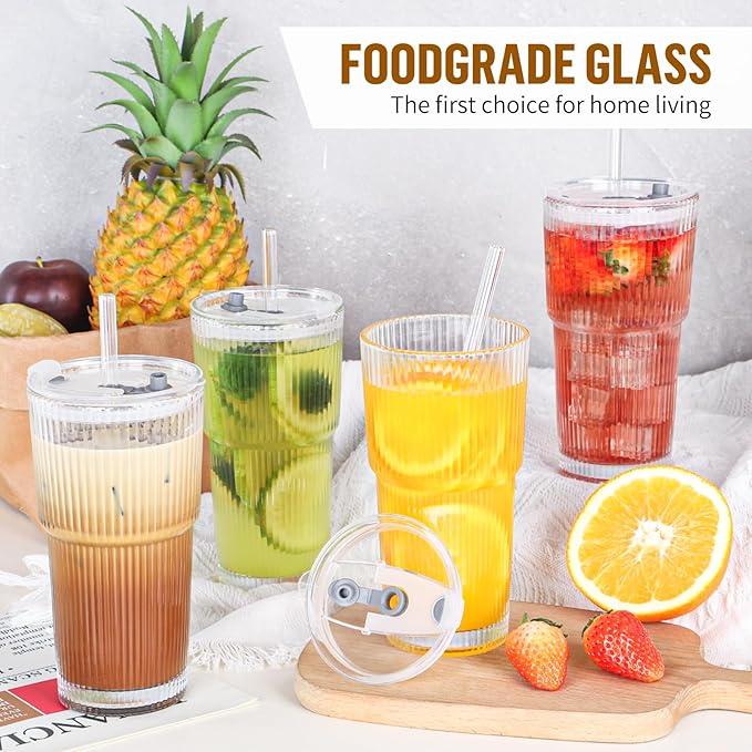 20 oz Glass Cup with Lid and Straw, Glass Tumbler with Straw and Lid, Vintage Glassware for Whiskey Cocktail Beer, Iced Coffee Cups with Lid (1 PACK)
