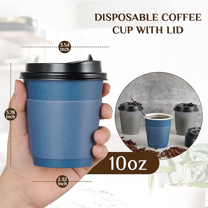 LITOPAK 100 Pack 10 oz Disposable Paper Coffee Cups with Lids, Sleeves and Stirring Sticks for Hot Coffee, Water or Juice, Blue and Gray Hot Paper Cups for Cafes, schools, offices, shops