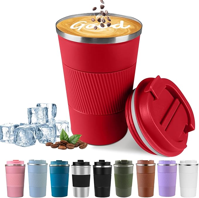 YINBAOGE Insulated Travel Coffee Mug Spill Proof Leak Proof Pobtable To Go Camping Stainless Steel Coffee Tumbler Reusable Coffee Cups with Lids Thermos for Hot and Cold Drink (Red, 17 OZ)