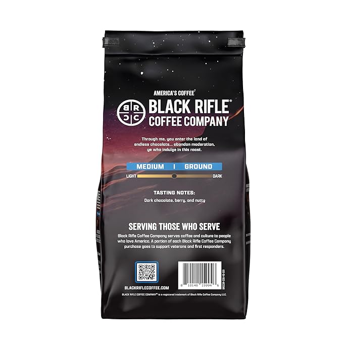 Black Rifle Coffee Company Dark Chocolate Roast 11oz Gound Coffee with Smooth, Indulgent Dark Chocolate Notes for a Decadent Brew.