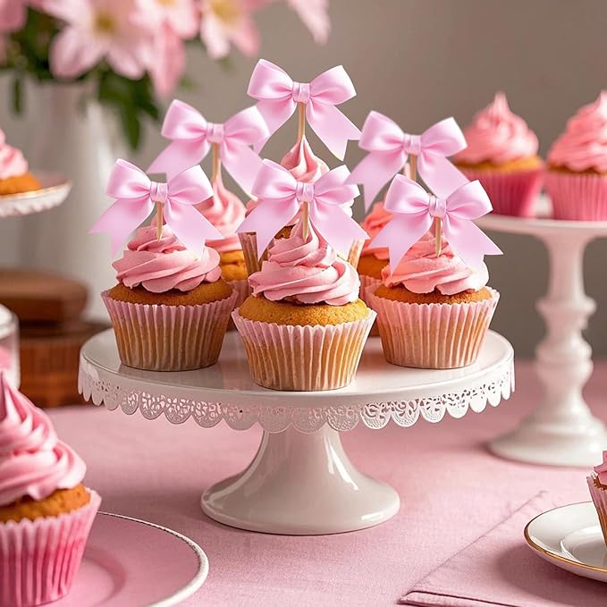 24Pcs Pink Bow Cupcake Toppers - Pink Bow Cake Topper Birthday Decorations, Bowknot Cupcake Picks for Coquette Bow Theme Party Decoration Bachelorette Bridal Engagement Wedding Baby Shower Party Decor