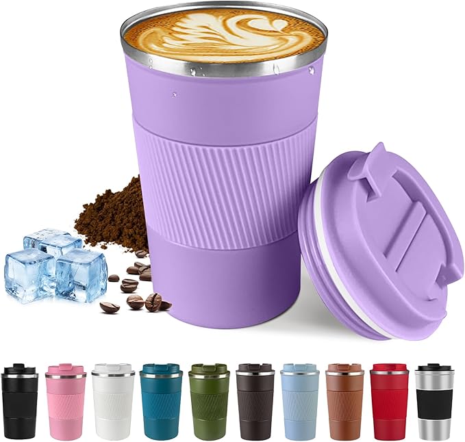 Vacuum-Insulated Stainless Steel Travel Coffee Mug, Leak-Proof Reusable Coffee Cup with Lid - Keep Hot & Cold Drinks for Hours, Durable Thermos Tumbler for Men & Women (3rd-Purple, 12OZ)