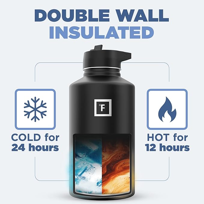 IRON °FLASK Camping & Hiking Hydration Flask with 3 Lids - Stainless Steel, Double Walled & Vacuum Insulated Water Bottle - Leak Proof & BPA Free (Dark Night, Straw - 64 oz)